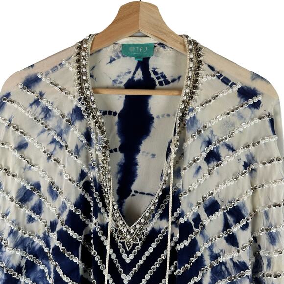 Taj by Sabrina Crippa Blue and White Beaded Kaftan Silk Blouse Size S Cover Up - Picture 3 of 16